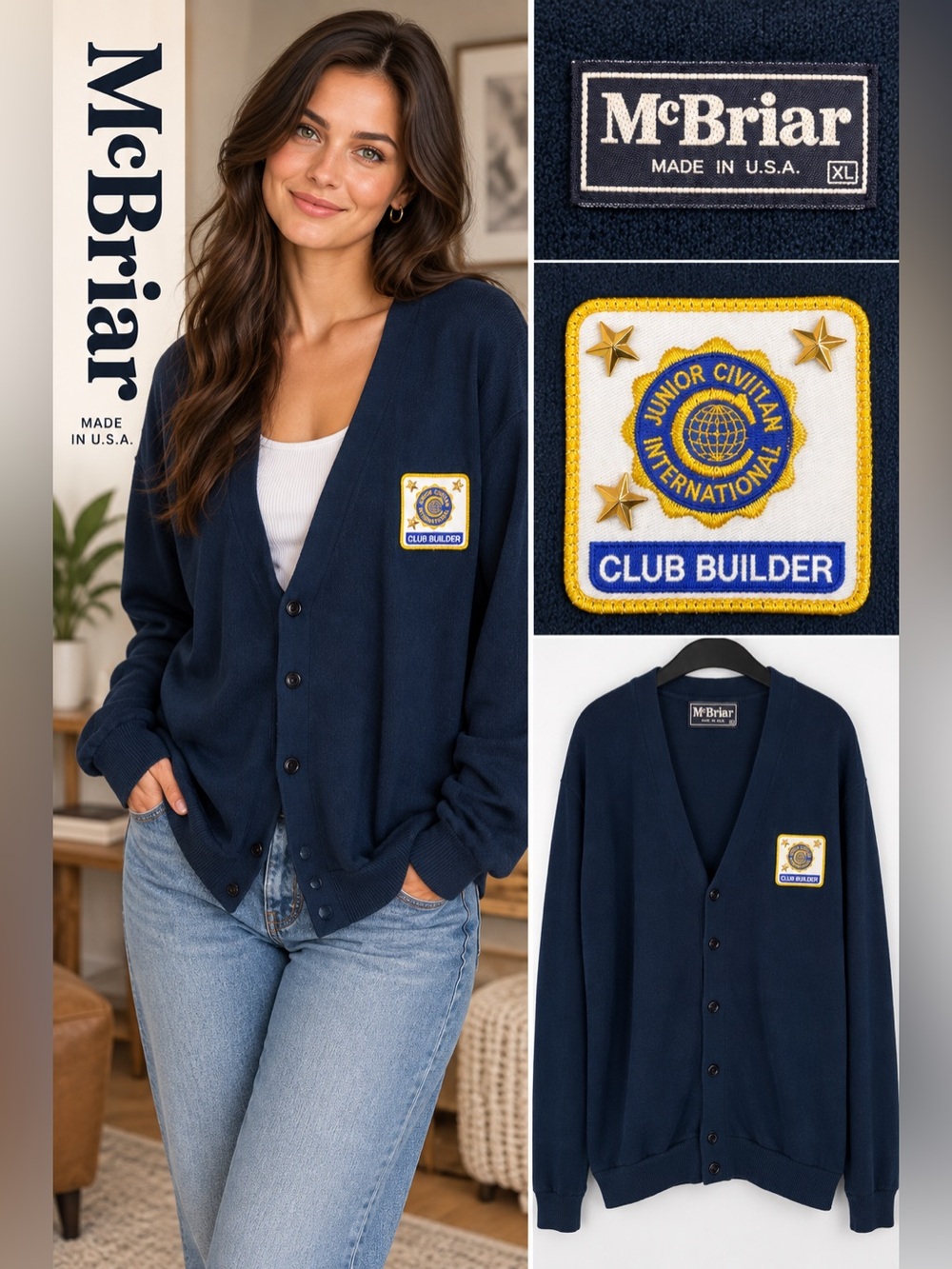 McBriar Vintage Navy V-Neck Patch Cardigan Size XL